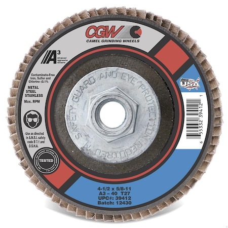 Cgw Abrasives Contaminant-Free Premium XL Coated Abrasive Flap Disc, 4-1/2 in Dia, 40 Grit, Medium Grade, A3 Alumi 39472